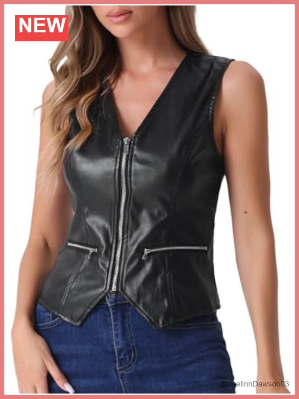 Faux Leather V Neck Sleeveless Zipper Waistcoat Vest